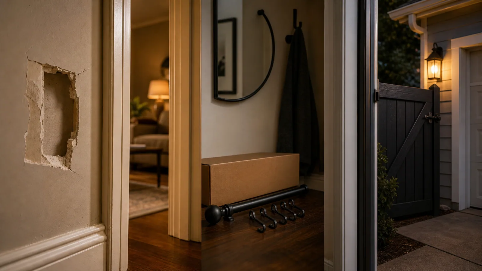 Drywall opening, owner-supplied mirror and curtain hardware, and residential exterior gate detail showing work between repair and remodel.