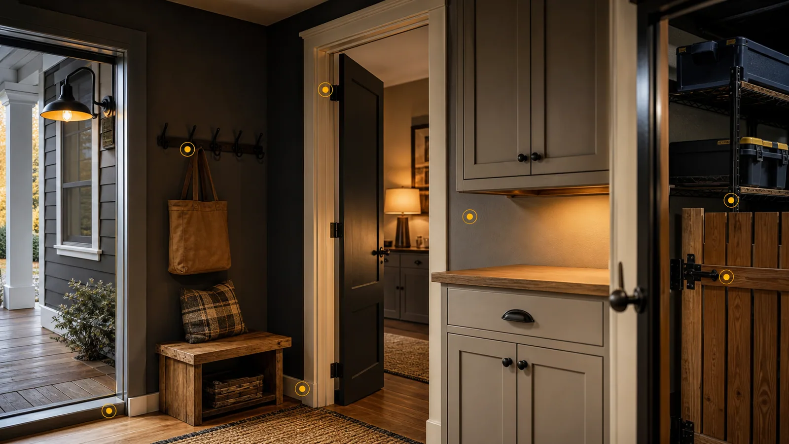 Freeport residential entry, cabinet area, doorway, porch, garage shelving, gate hardware, and amber markers showing defined HammerNest handyman scope.