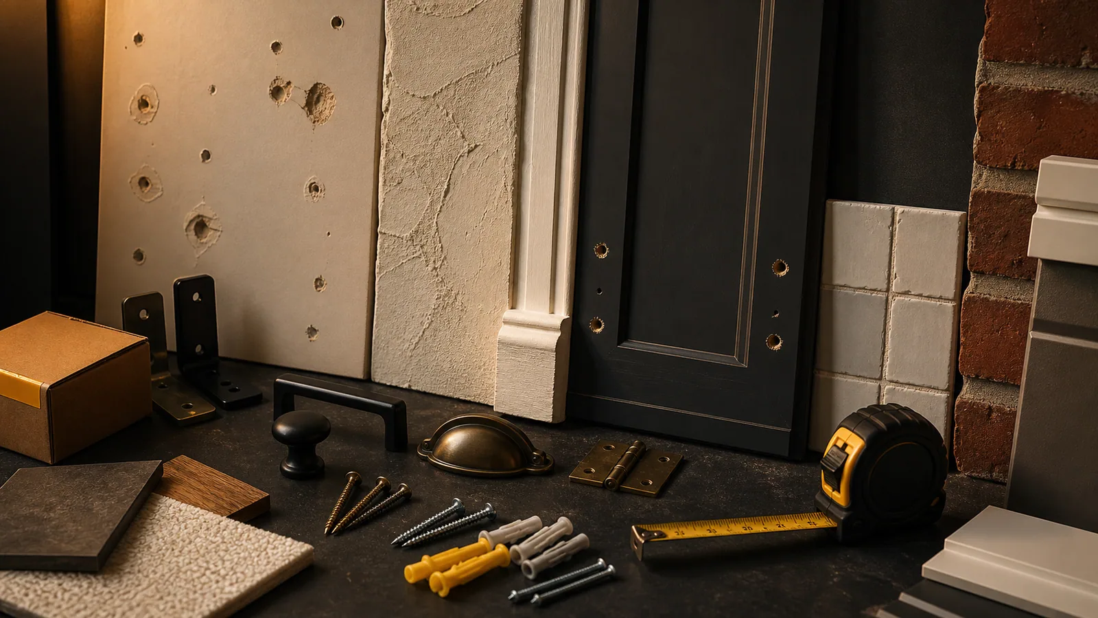 Material study with drywall holes, plaster texture, cabinet panel, tile, brick, trim, owner-supplied product box, hinges, pulls, screws, and anchors.
