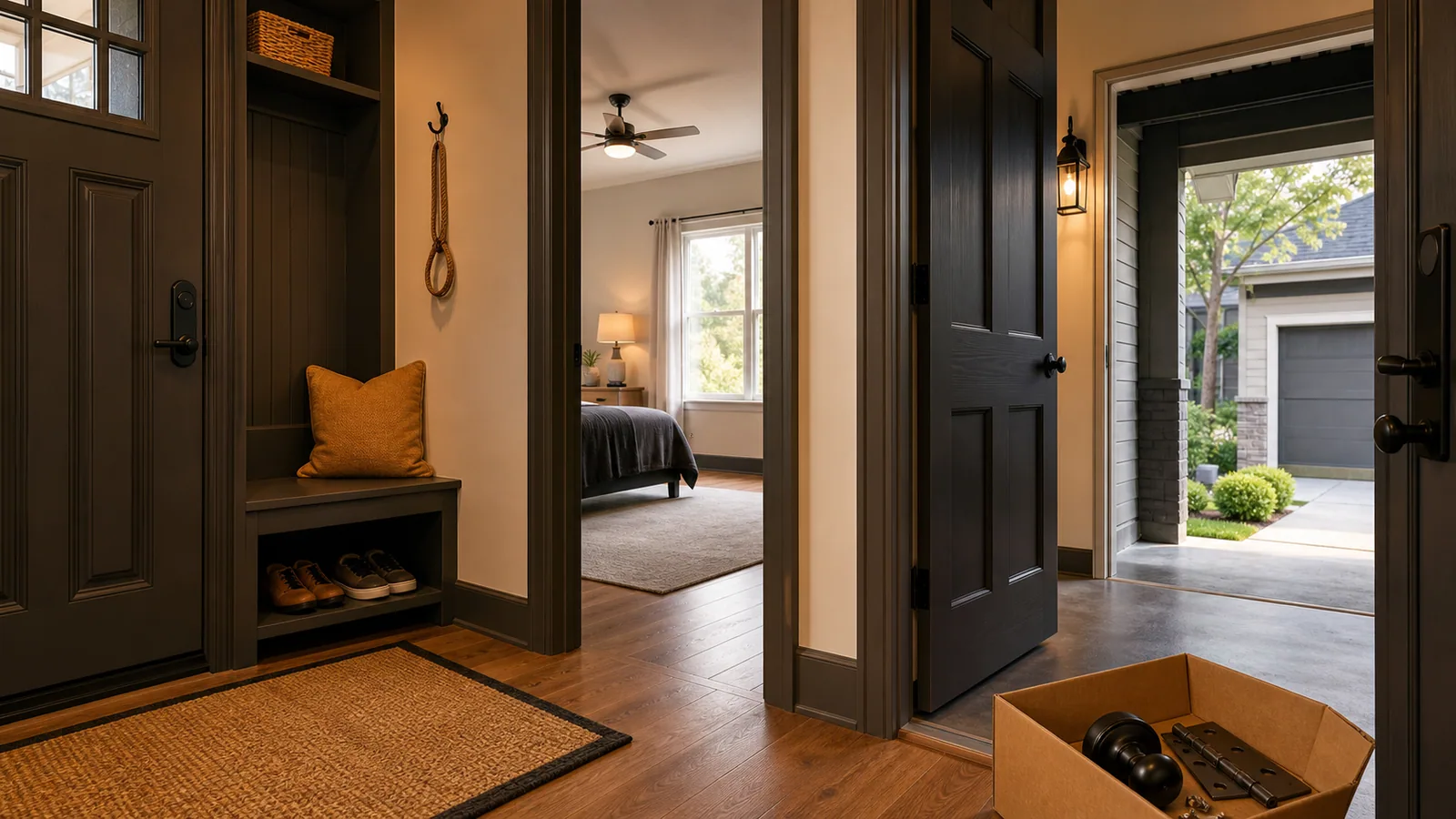 Residential entry, maintained room, side entrance, garage access, and owner-supplied hardware for homeowner, landlord, and property manager repair requests.