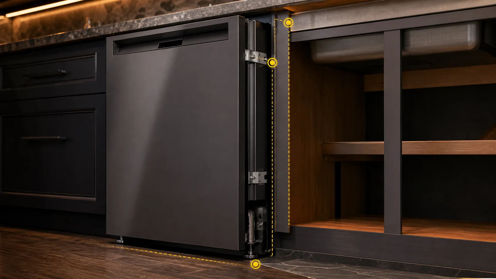 Dishwasher partially positioned under dark cabinetry with bracket, leveling, and access markers.