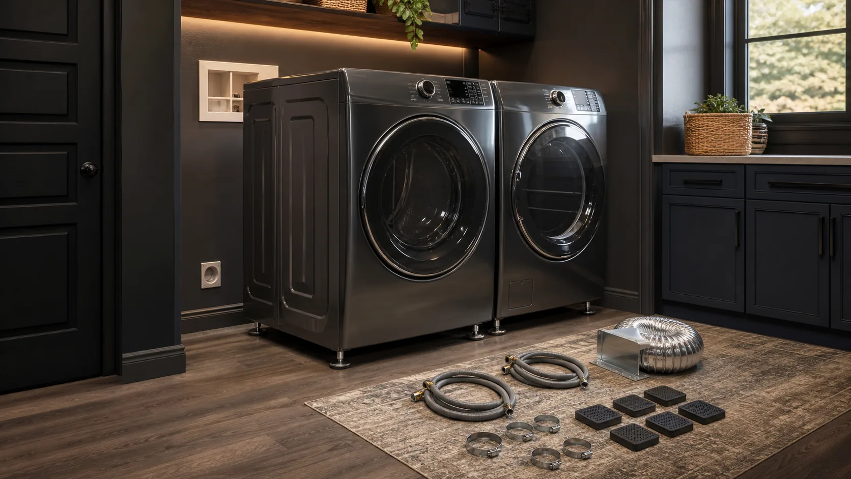 Graphite washer and dryer in a dark laundry alcove with visible leveling feet, clearance, and supplied parts.