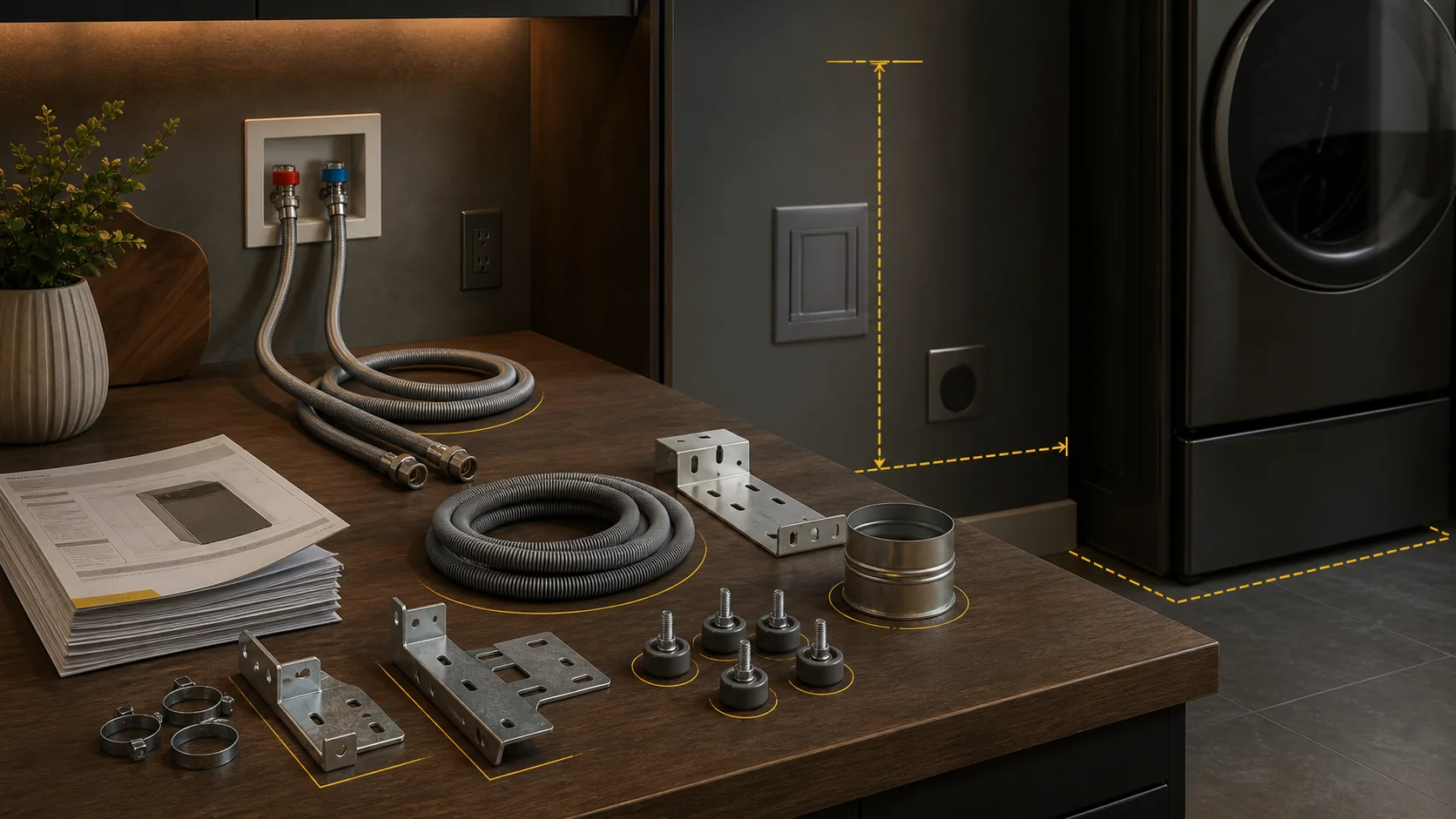 Appliance setup instructions, supplied parts, visible utility access, and clearance markers in a dark finished room.