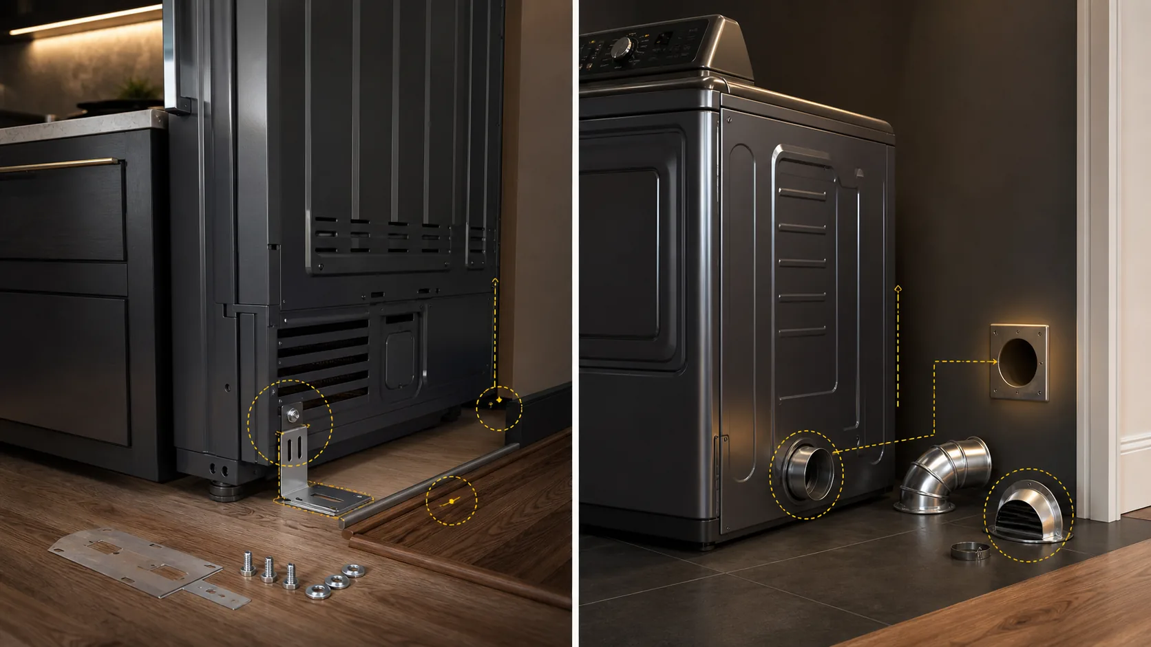 Split view of range anti-tip hardware and dryer vent path with diagnostic markers.