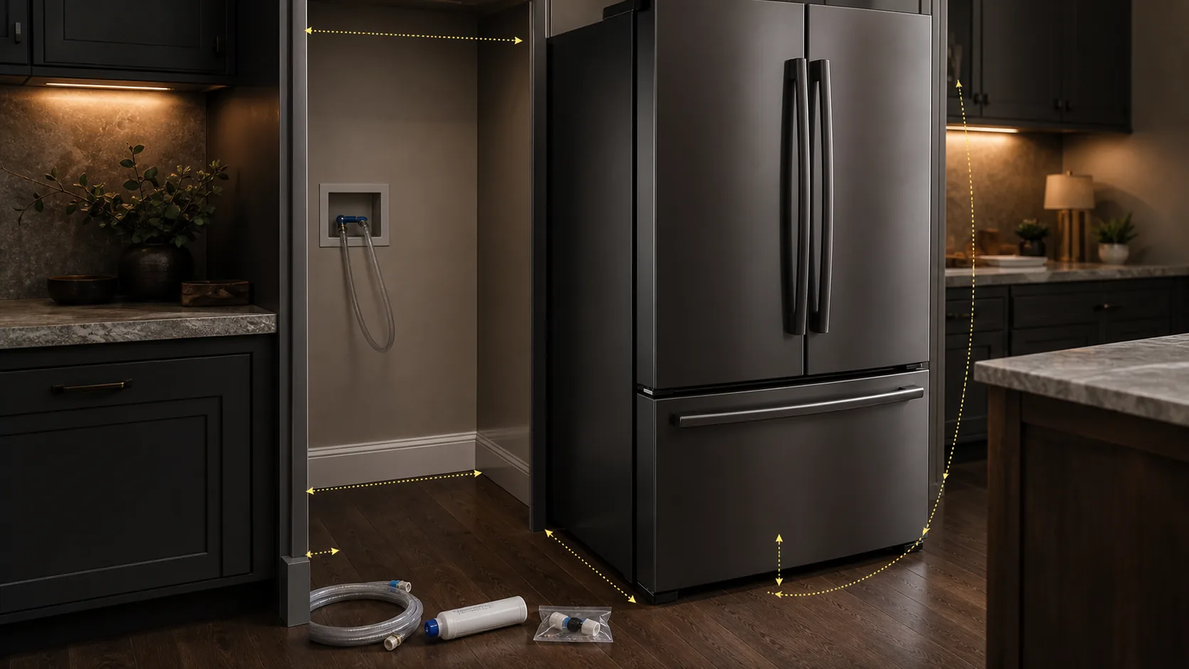 Graphite refrigerator beside a cabinet opening with door clearance and intact water connection markers.
