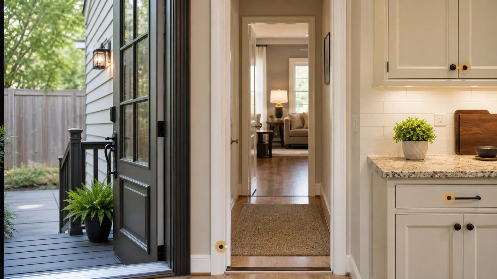 Belvidere-style home entry and kitchen repair context with amber markers on trim, door, cabinet hardware, and side-entry details.