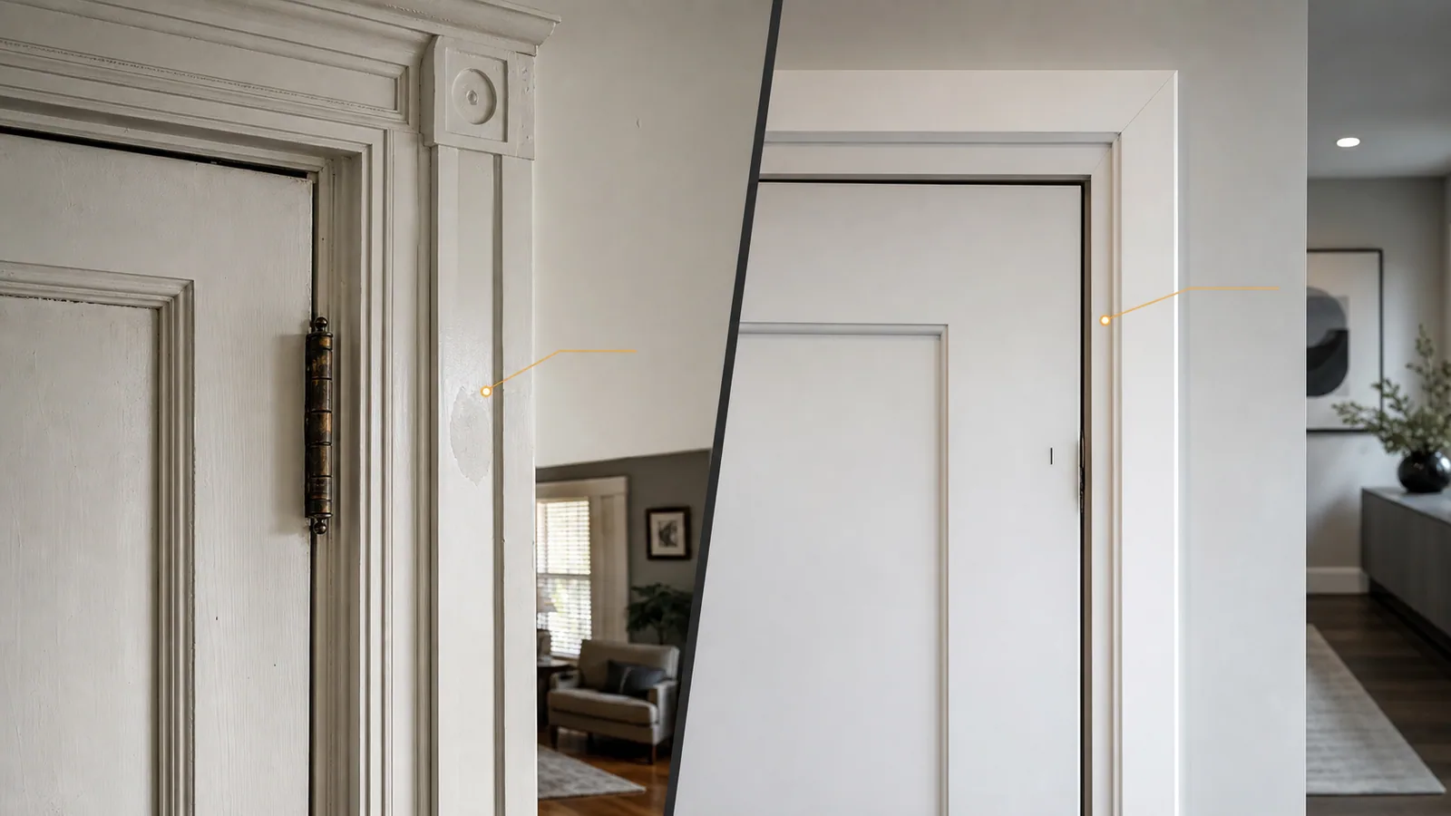 Split detail comparing older painted doorway trim and newer clean-lined interior repair conditions with amber markers.