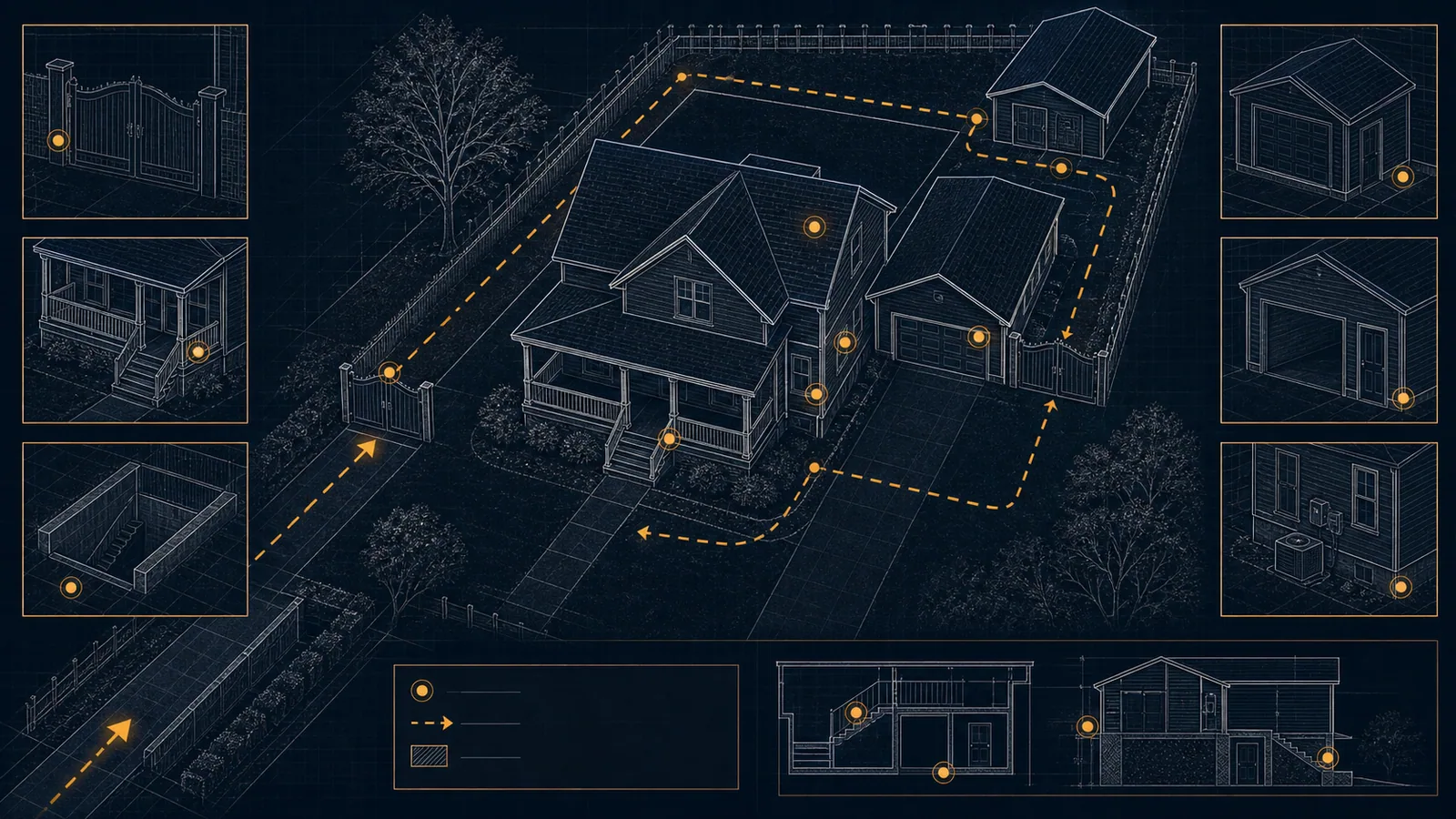 Dark blueprint-style Belvidere property access diagram with amber route markers for driveway, garage, porch, basement entry, and repair zones.