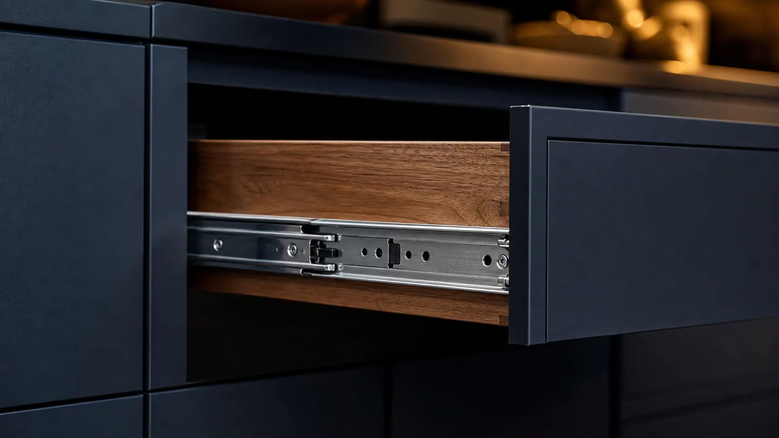 Partially open cabinet drawer showing slide hardware, drawer-box condition, and front alignment.