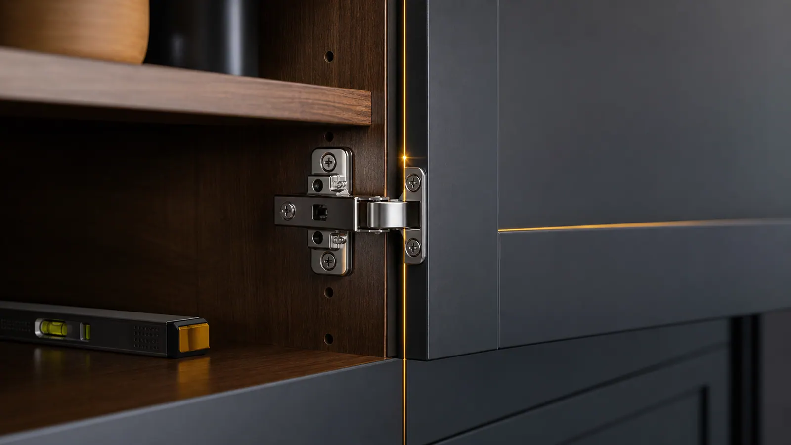 Close-up of a partially open cabinet door showing the concealed hinge, mounting plate, and door alignment gaps.