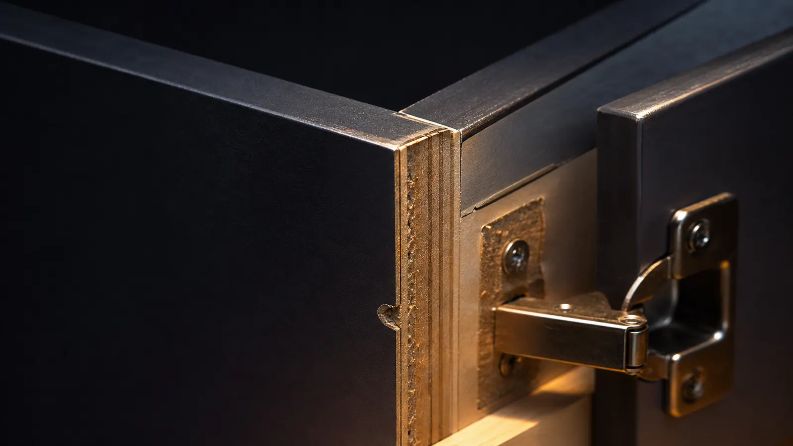 Close-up of a cabinet hinge area showing wood-panel construction, stripped fastener damage, slight swelling, and lifting veneer.