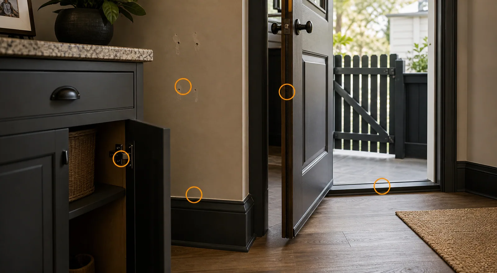 Dakota residential interior with door, threshold, cabinet hardware, wall mount holes, trim, and fenced entry markers for common small repairs.
