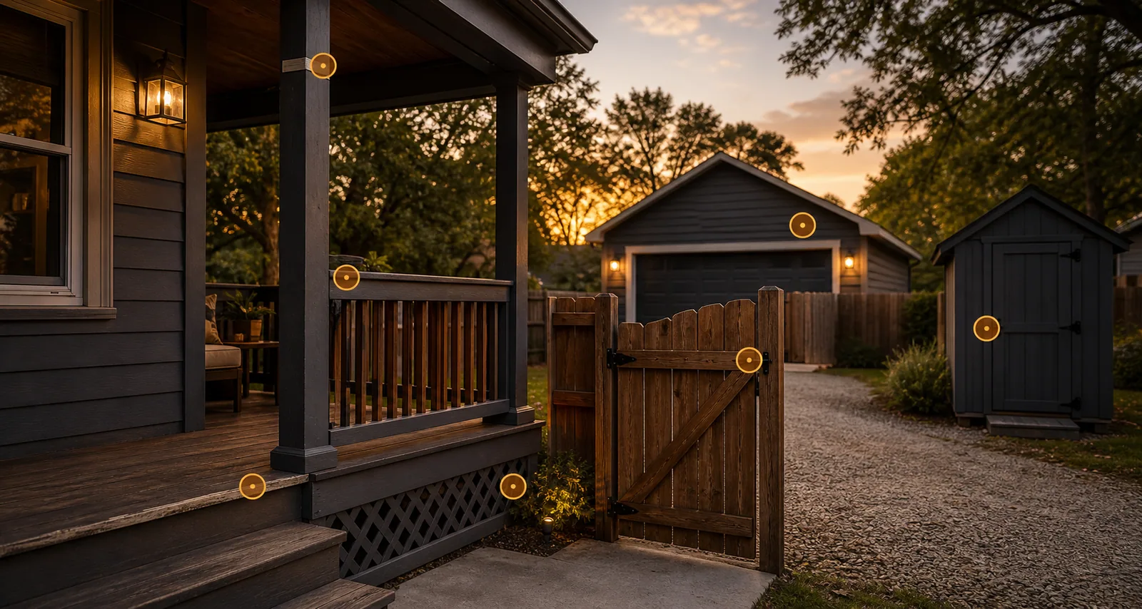 Dakota residential porch, small deck, fenced gate, detached garage, storage structure, and driveway with amber markers for exterior repair details.