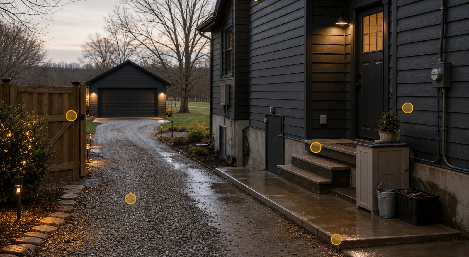 Dakota rural-edge residential driveway, side entry, gate, steps, detached garage, and seasonal moisture markers for access review.