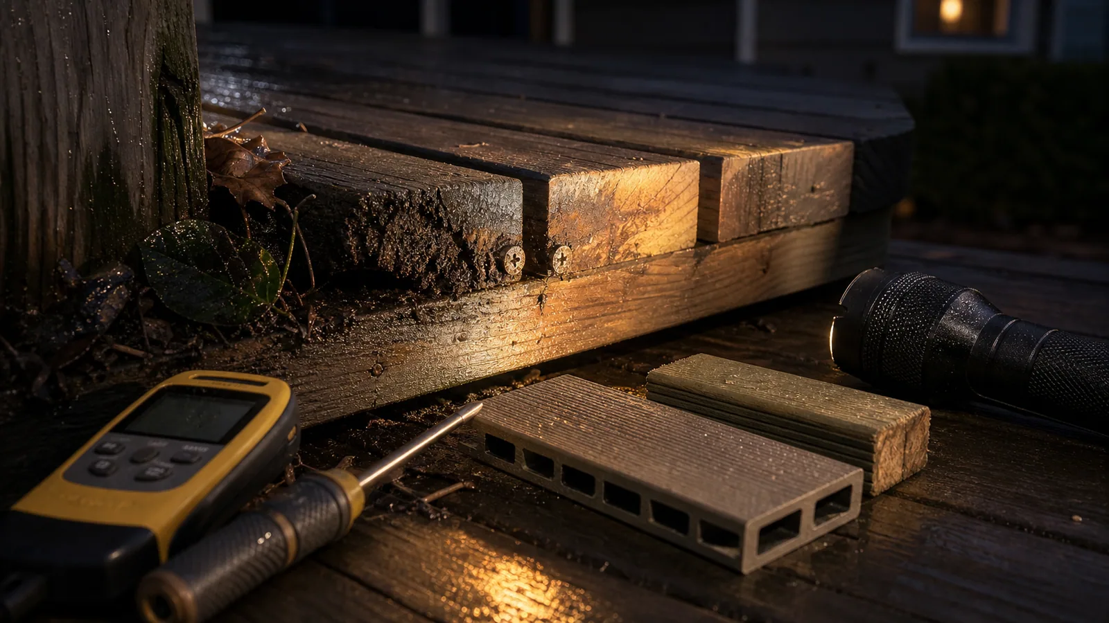 Moisture-related deck deterioration with dark stained board ends, corroded fasteners, damp debris, wood and composite samples, moisture meter, and flashlight.