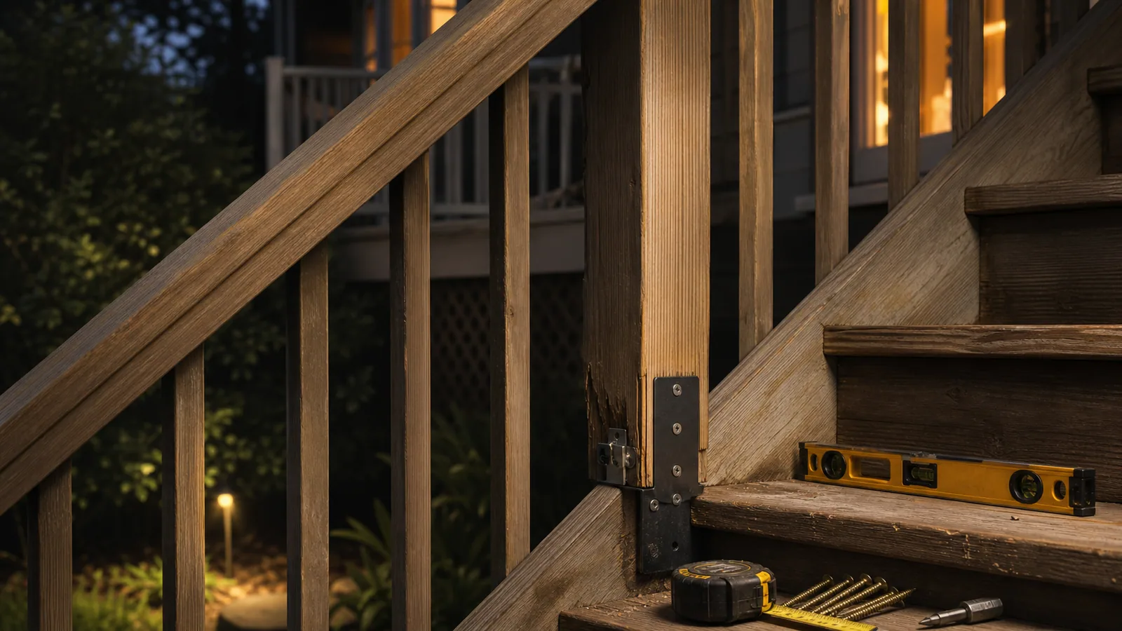Deck railing and stair connection with bracket hardware, balusters, stair tread, level, tape measure, screws, and driver bit.