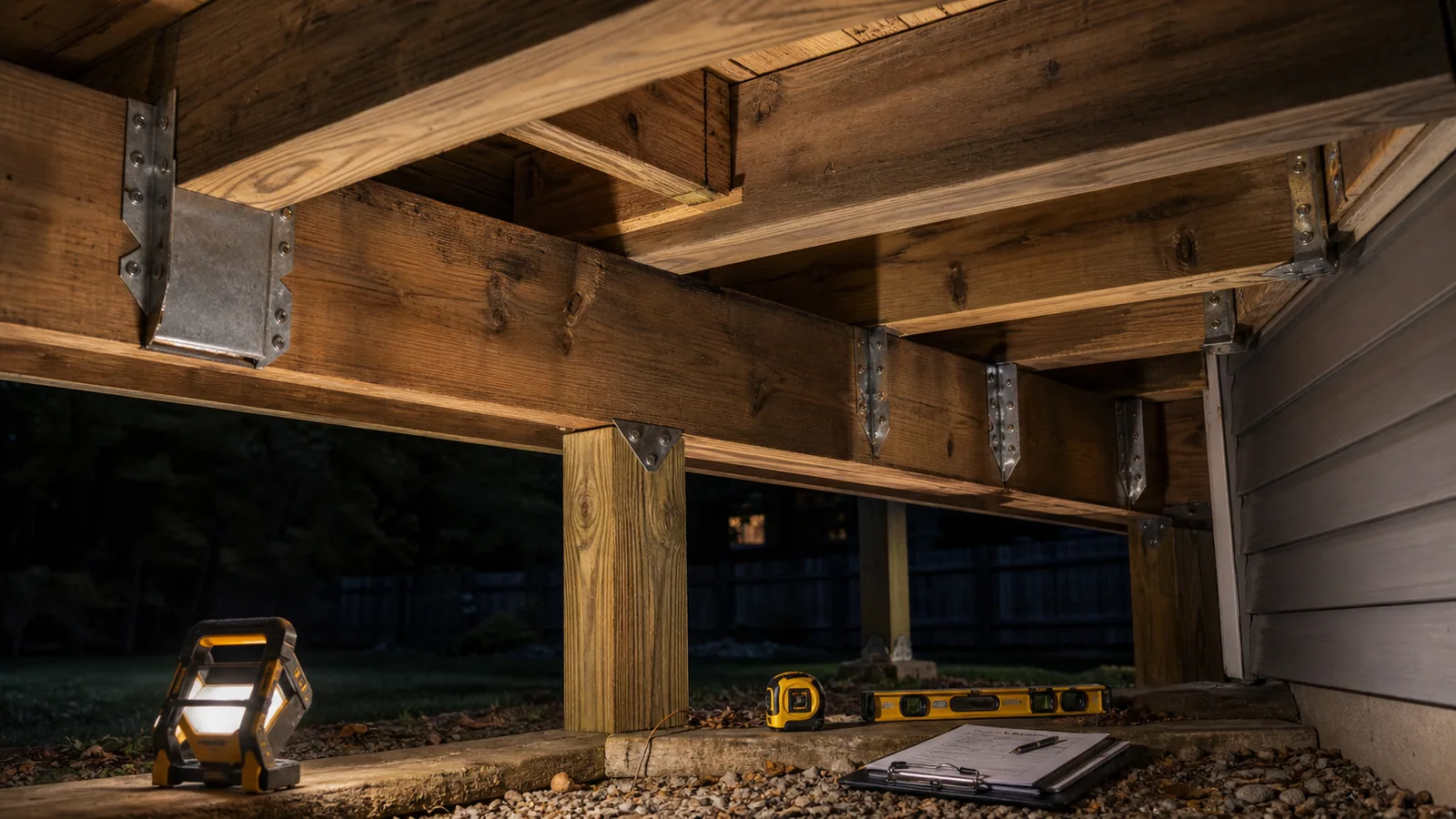 Under-deck structure with joists, beam, post, metal hangers, house connection area, work light, level, tape measure, and clipboard.