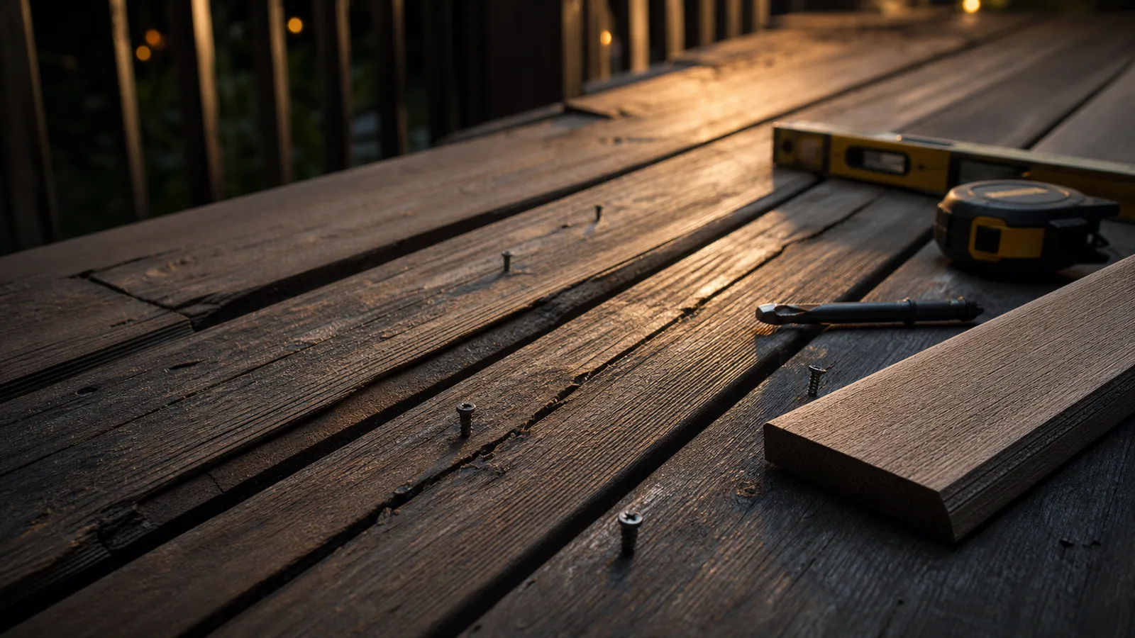 Close-up of cracked and loose deck boards, raised fasteners, replacement board, driver bit, level, and tape measure.