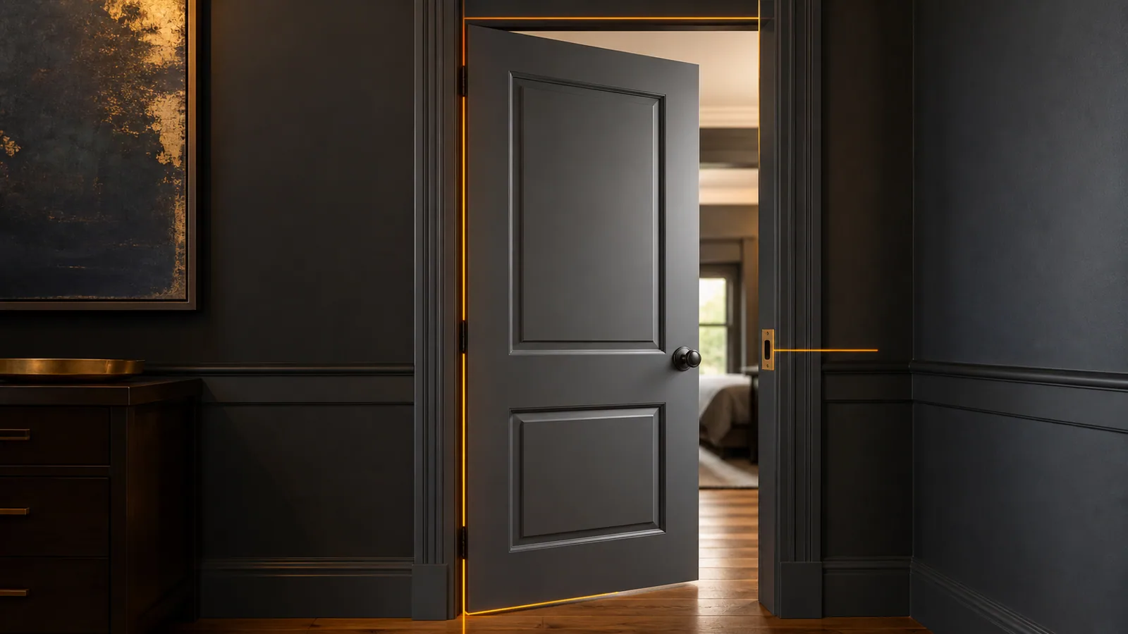 Interior door opening with amber alignment markers showing hinge reveal, latch position, top gap, and bottom clearance.
