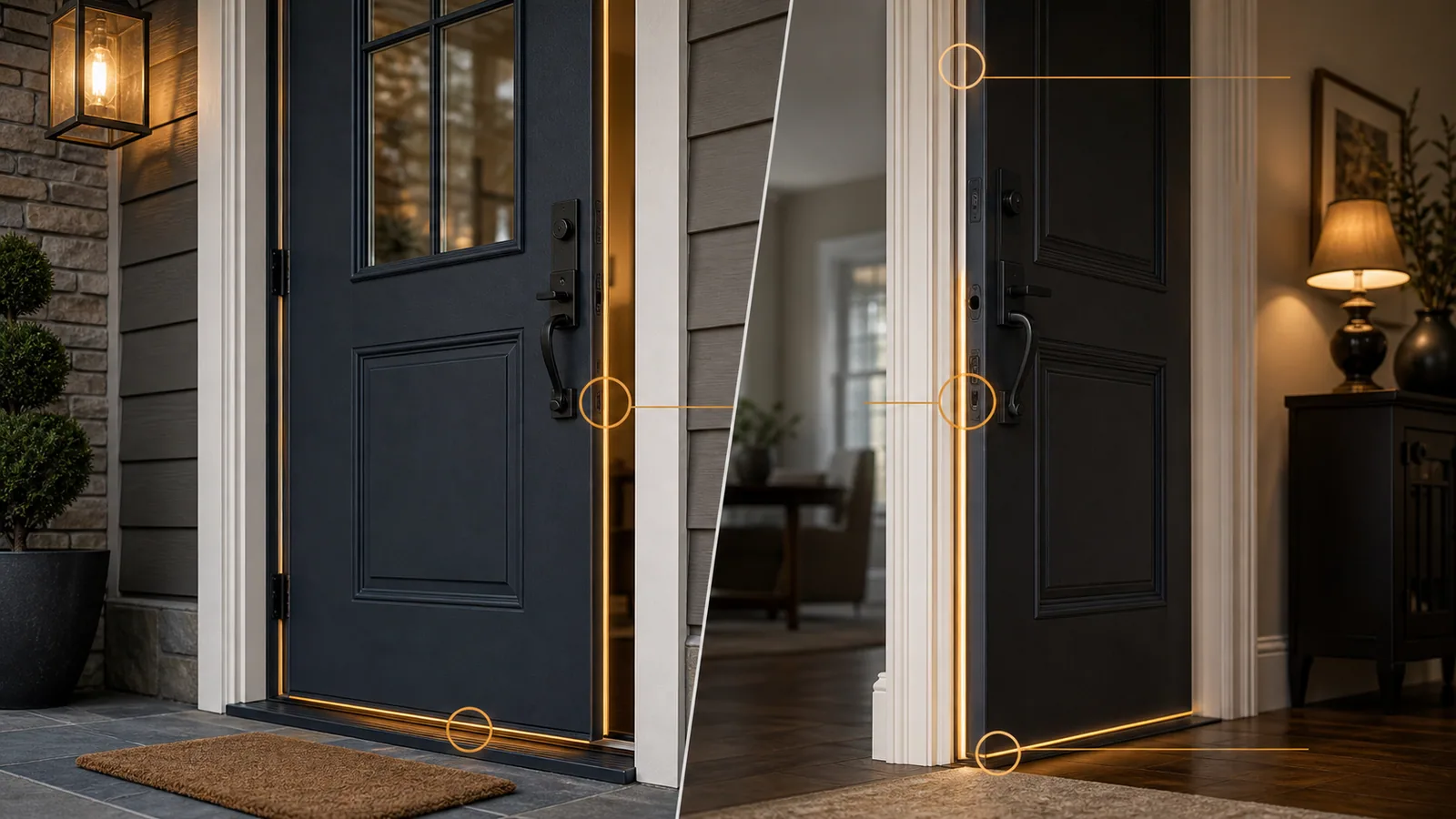 Inside and outside view of an exterior door with amber markers on weatherstripping, sweep, threshold, casing, and seal contact.