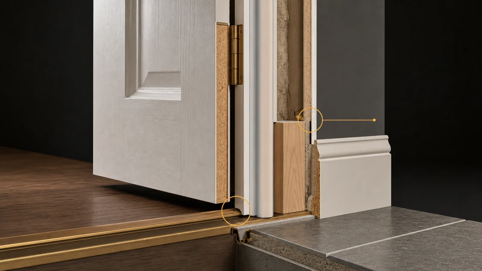 Door jamb, casing, threshold, baseboard, and flooring transition cutaway with subtle amber condition markers.