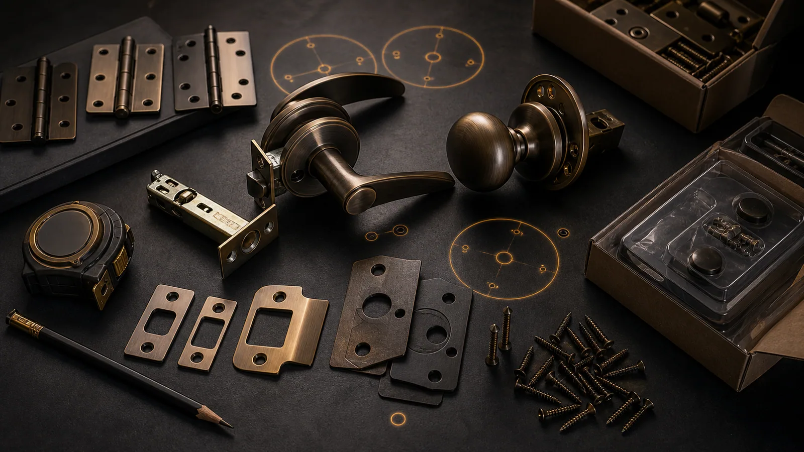 Residential door hardware board with hinges, handles, latches, strike plates, screws, and amber mounting-pattern markers.