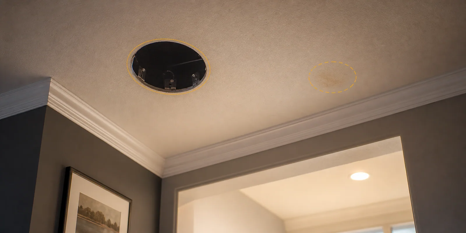 Small ceiling opening with nearby crown trim, subtle staining, and amber boundary markers under warm light.