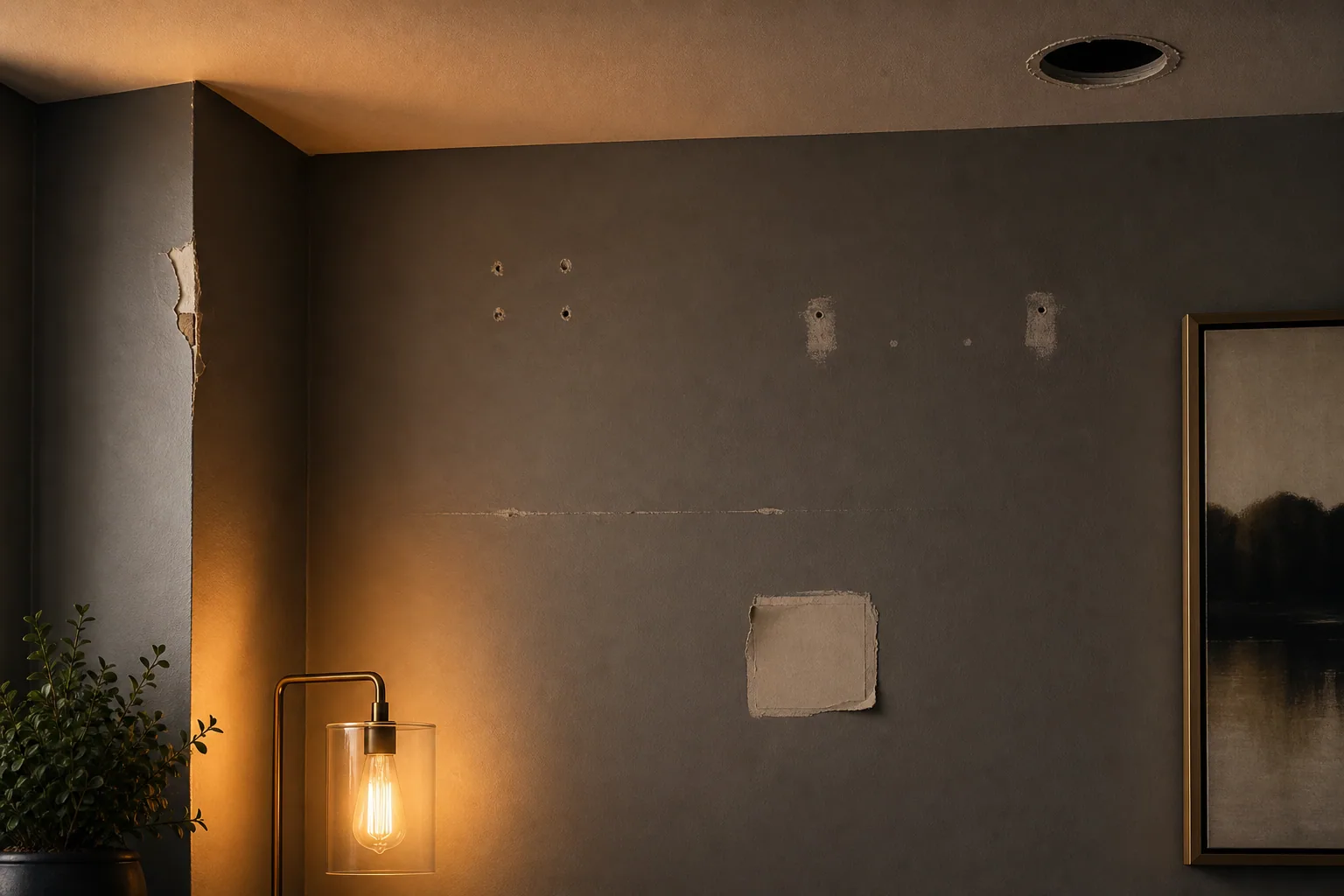Dark wall study showing drywall anchor holes, removed mount marks, reopened seam, failed patch, corner bead damage, and ceiling opening under warm light.