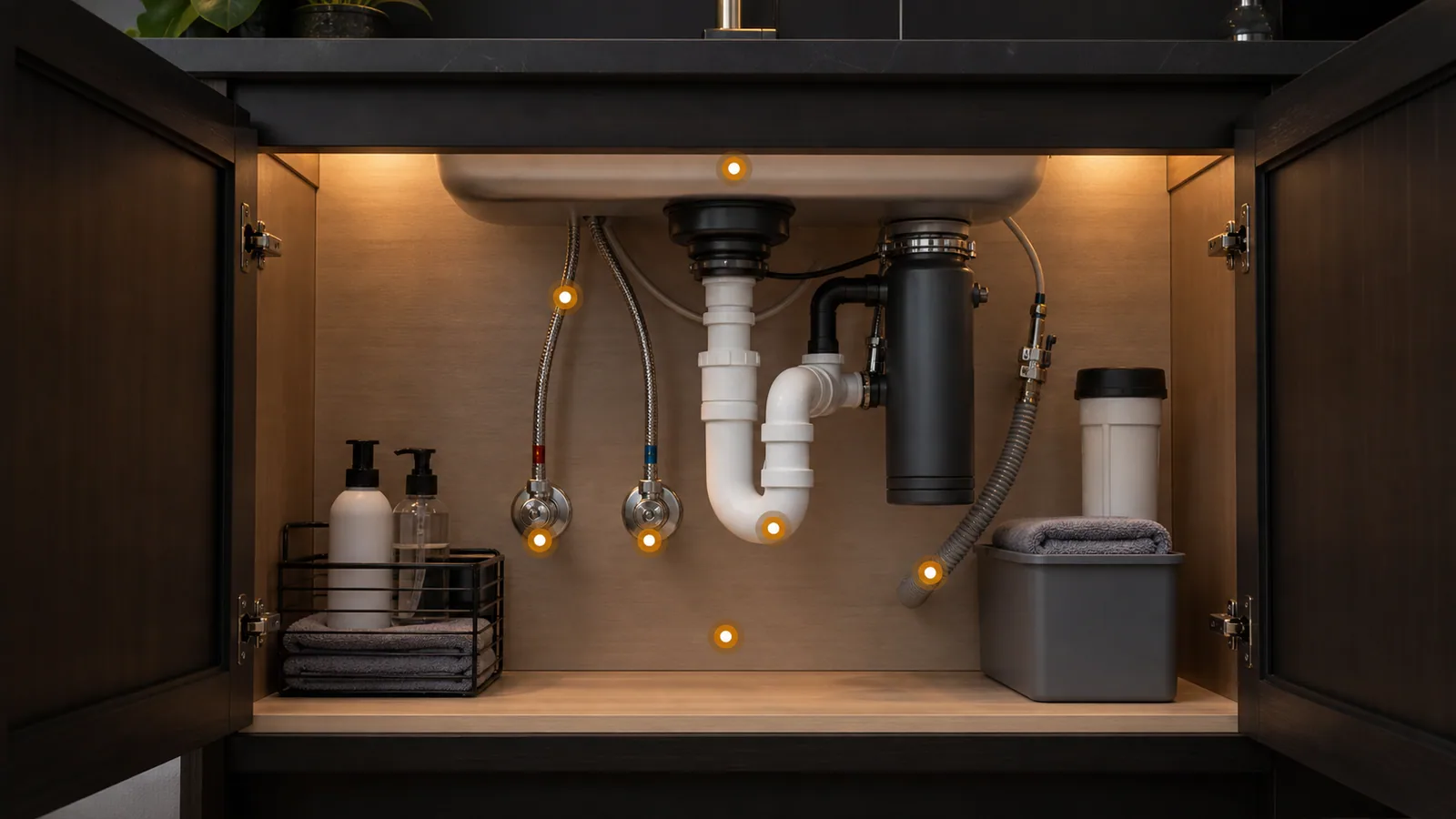 Clean organized under-sink cabinet with intact shutoffs, supply lines, drain components, faucet mounting points, dry surfaces, and amber markers.