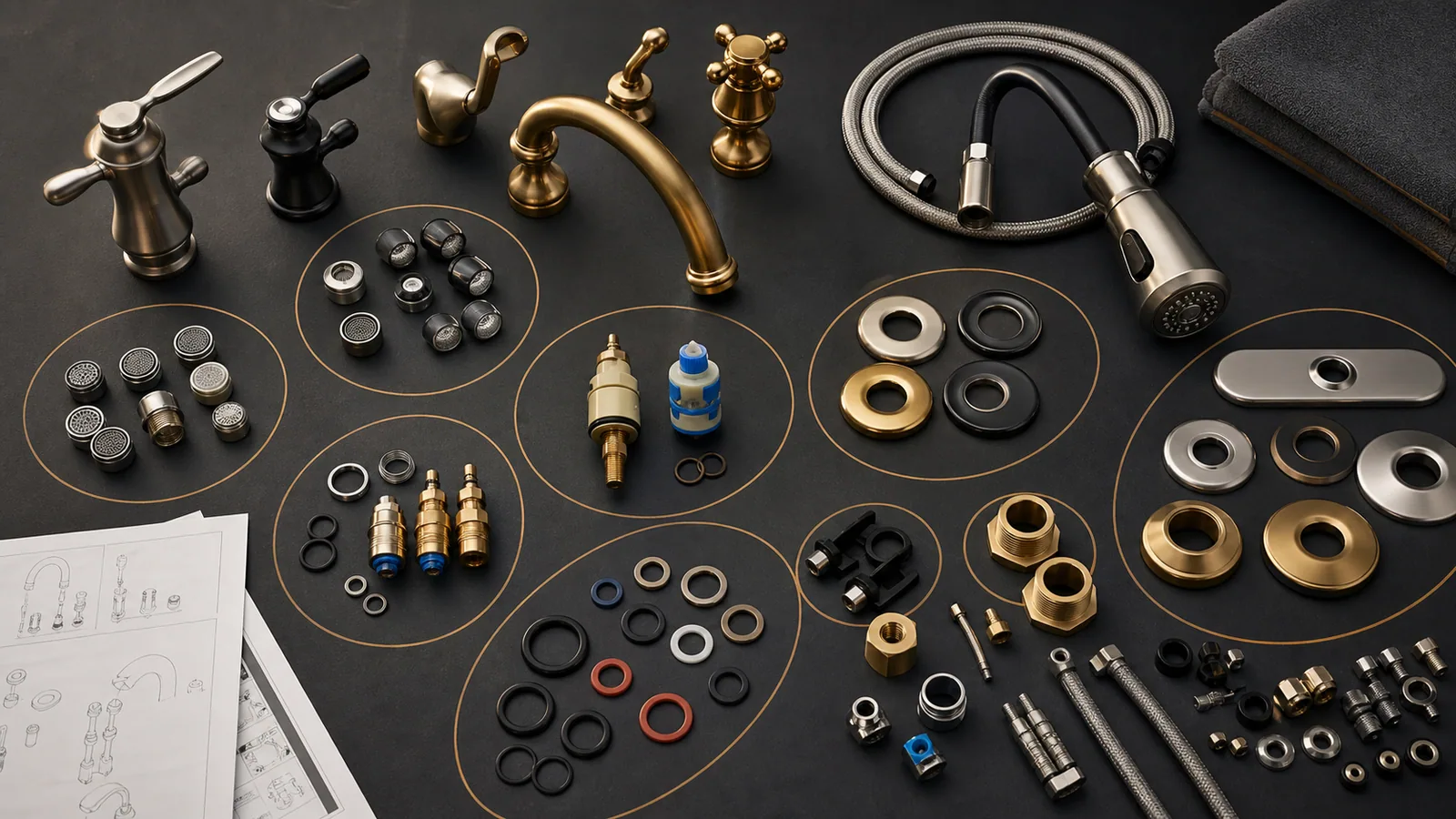 Faucet parts board with handles, aerators, sprayer components, cartridges, seals, hoses, adapters, and amber compatibility groups.