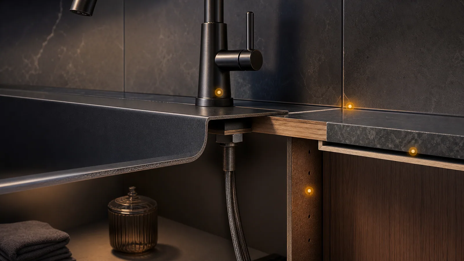 Faucet base and sink deck cutaway with amber markers on mounting, sink edge, backsplash joint, countertop, and cabinet surface.