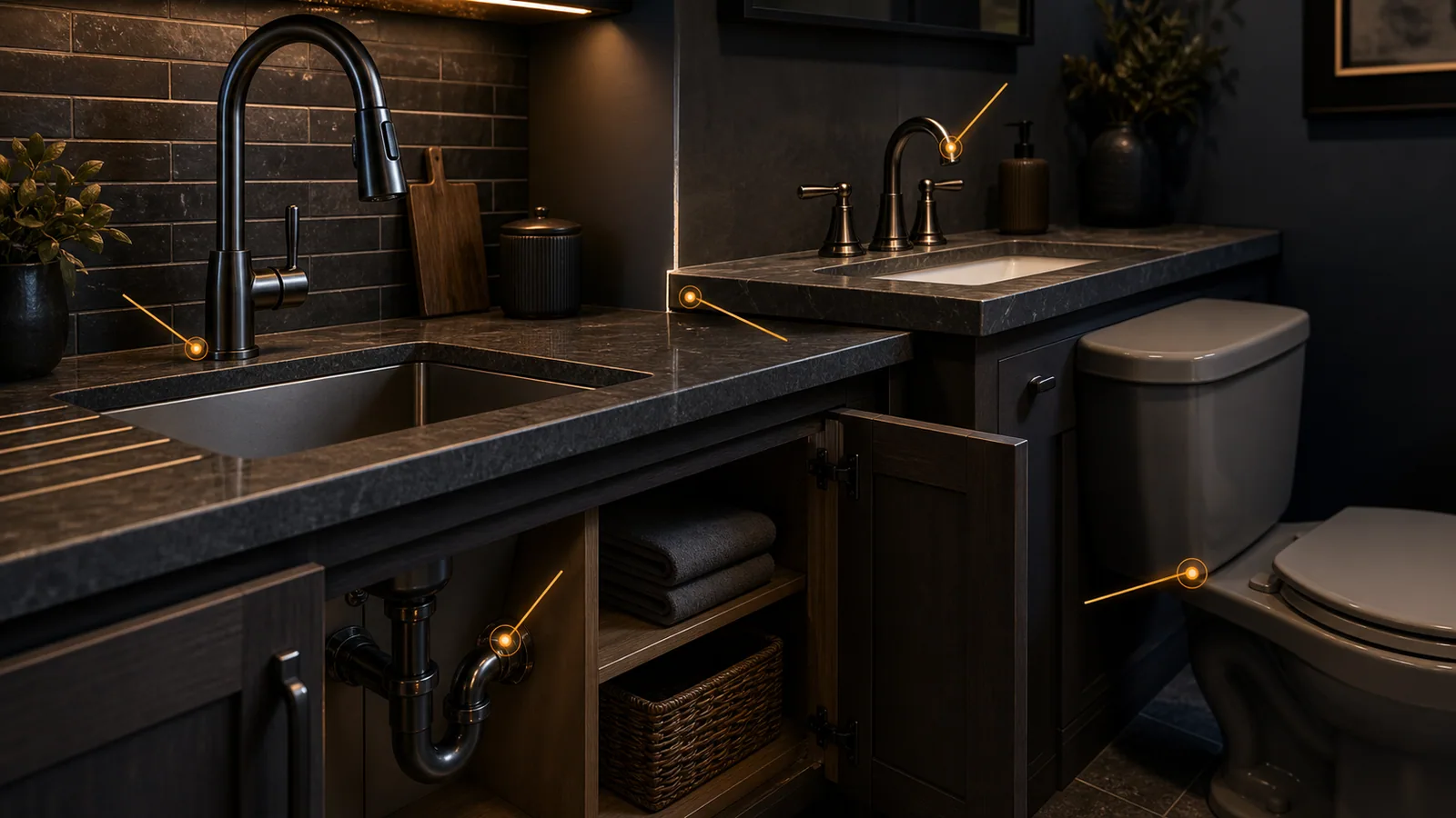 Dark kitchen and bath fixture scene with amber markers on faucet base, sink edge, vanity faucet, toilet-seat hardware, and under-sink access.