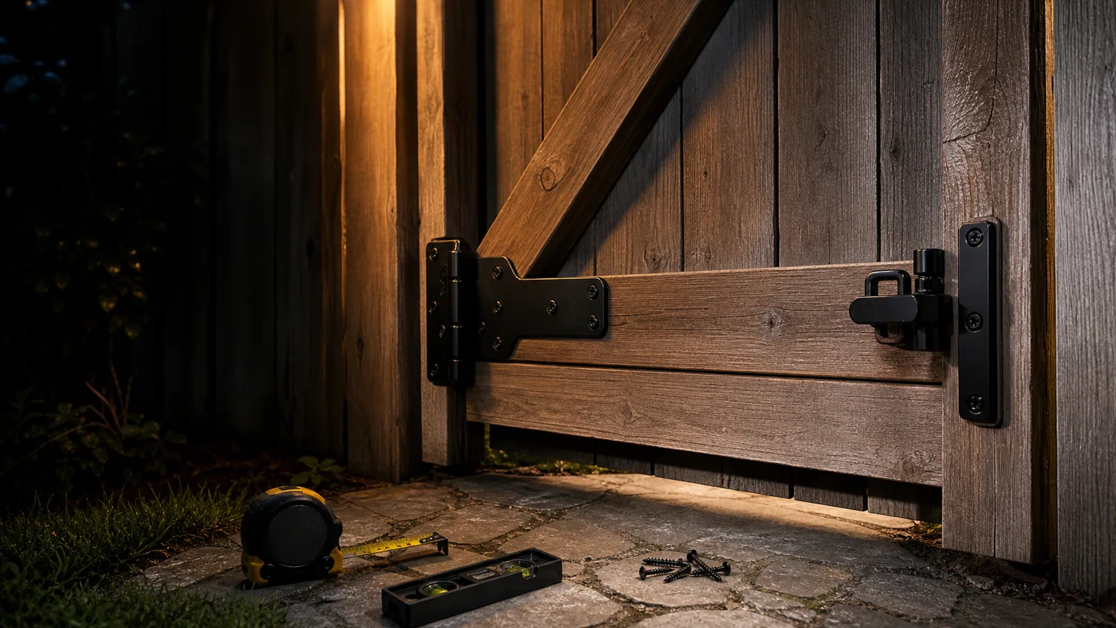 Close view of a residential fence gate with black hinge hardware, latch alignment, level, tape measure, screws, and bottom clearance.