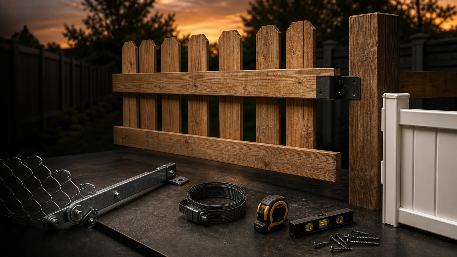 Fence repair components including wood pickets, split rail ends, brackets, screws, chain-link fabric, vinyl cap sample, and tools.