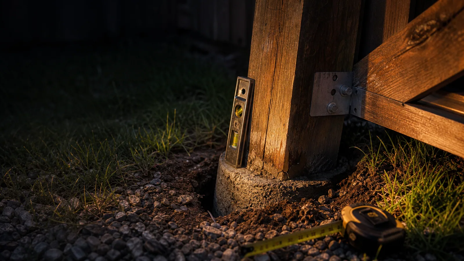 Close-up of a fence post base, level, soil, gravel, and bracket hardware for a fence repair stability check.