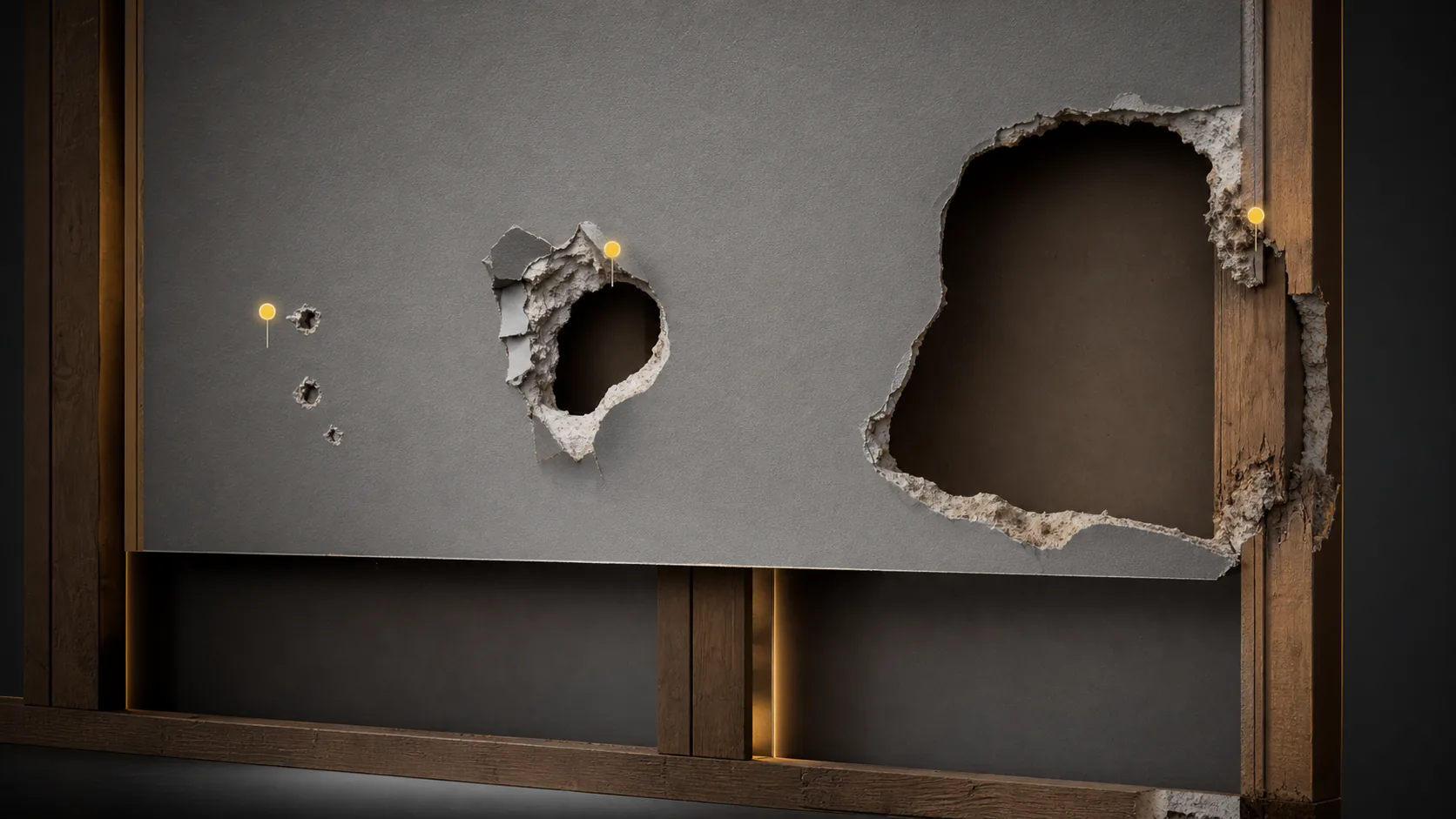 Technical drywall cutaway showing anchor holes, impact opening, larger irregular opening, edges, gypsum core, and framing.