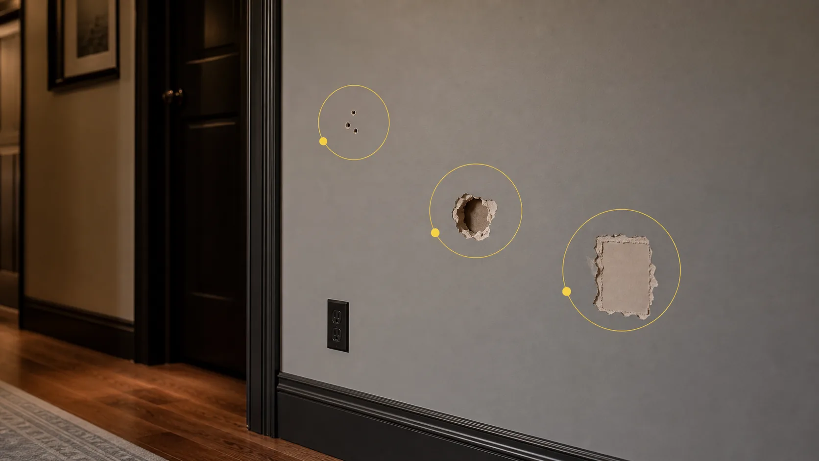 Finished wall with anchor holes, impact opening, failed patch edge, trim, and inspection markers.