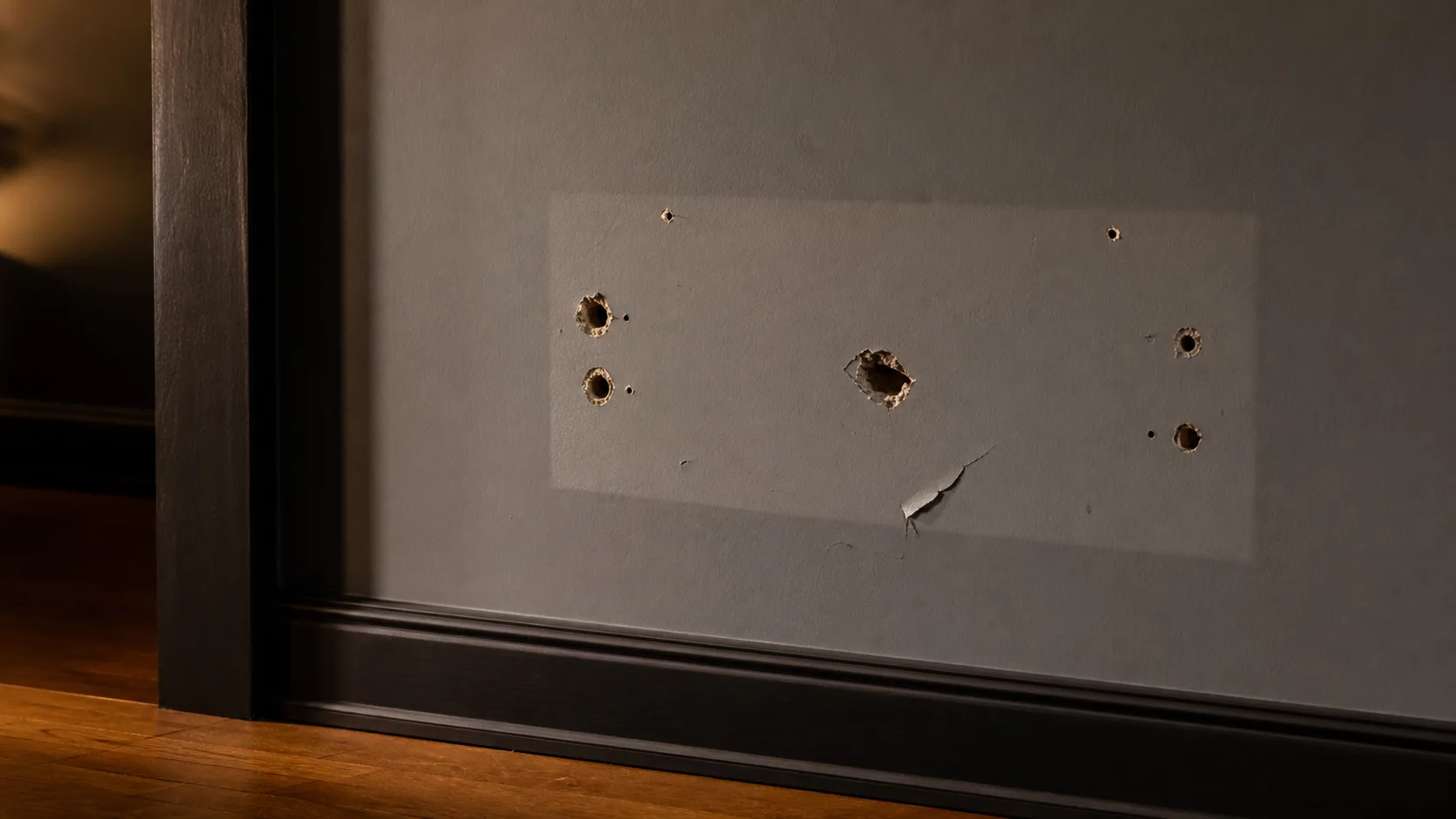 Wall area with removed hardware outline, enlarged anchor holes, and failed patch edge.