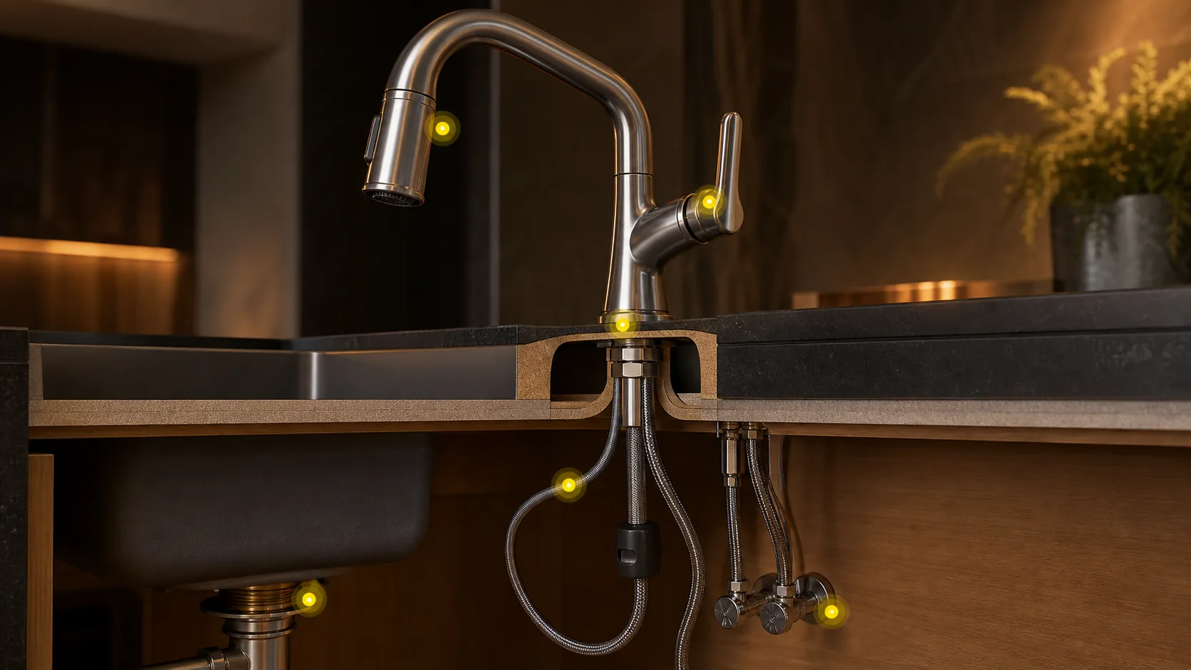 Faucet leak-location cutaway showing spout, handle, base, sprayer hose, supply connections, and cabinet area.