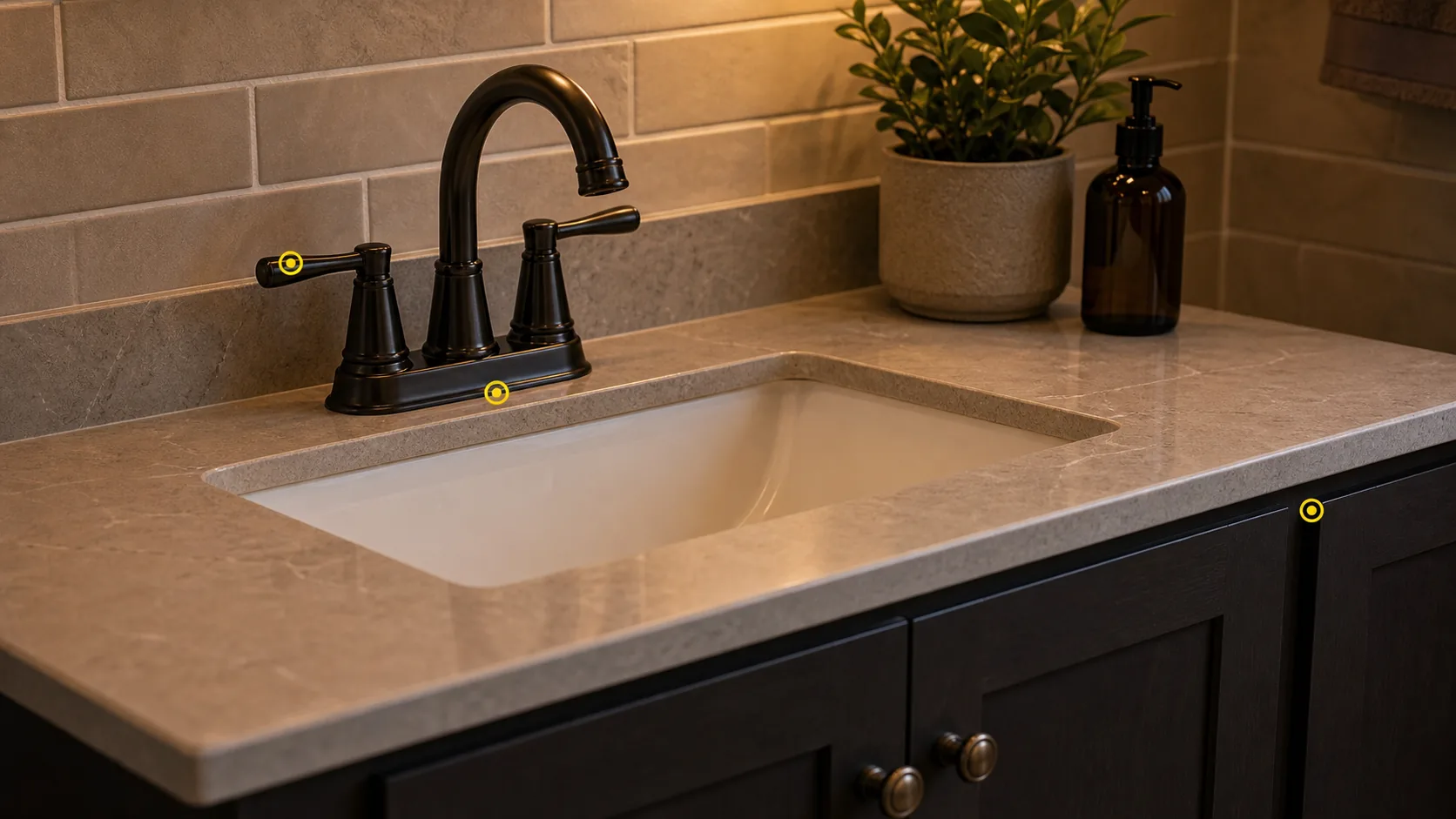 Bathroom vanity faucet with handle, faucet base, sink edge, cabinet below, and inspection markers.