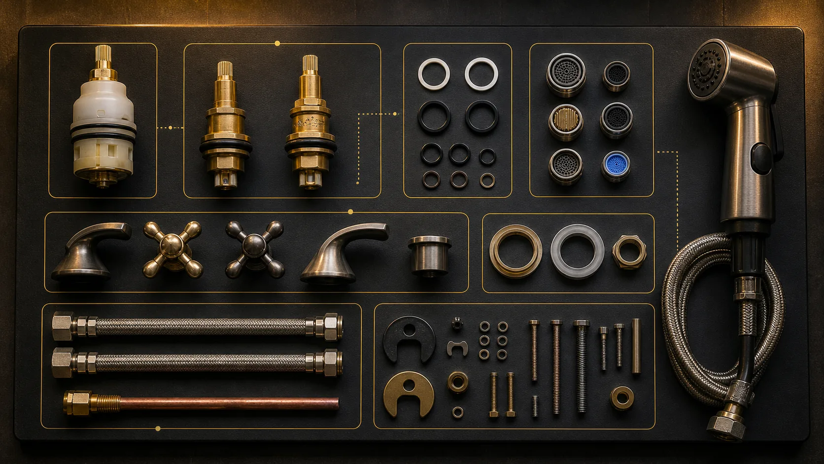 Dark faucet parts board with cartridges, stems, washers, O-rings, aerators, sprayer components, hoses, and mounting hardware.