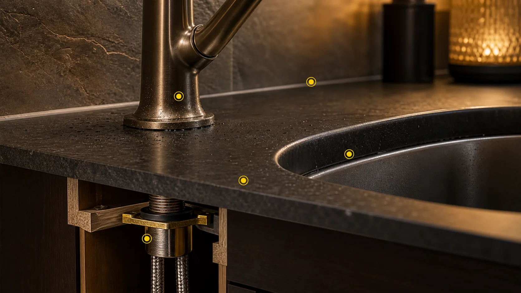 Faucet base, dark sink deck, sink rim, backsplash joint, under-counter mounting cutaway, and inspection markers.