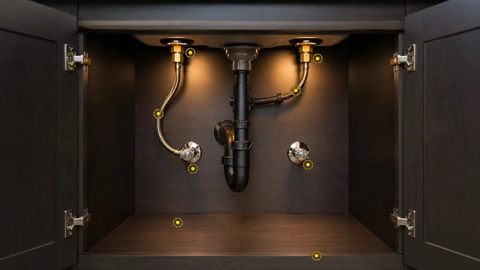 Clean under-sink cabinet with shutoff valves, supply lines, drain components, mounting points, dry cabinet surfaces, and inspection markers.