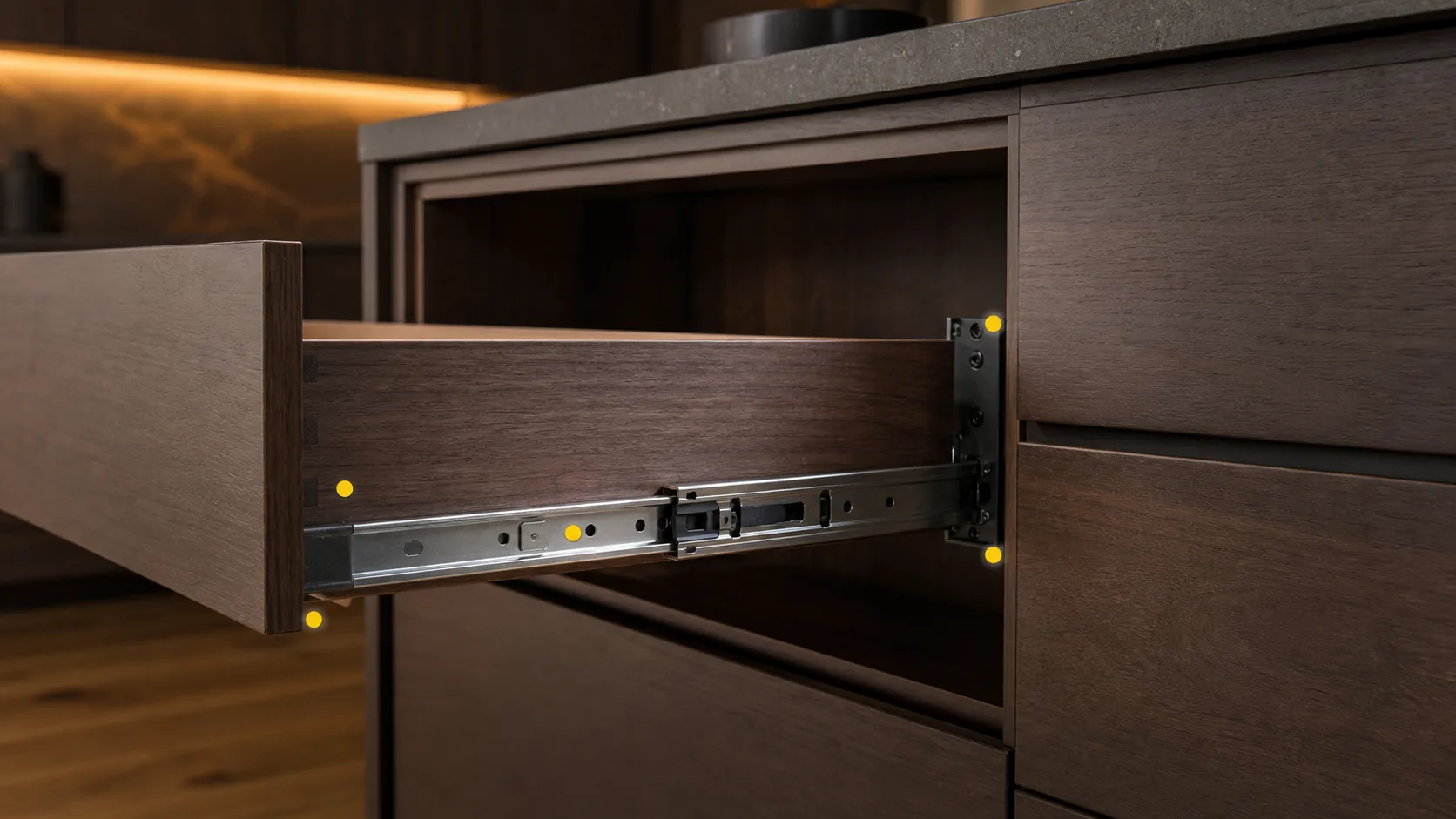 Modern cabinet drawer pulled halfway out showing side slide hardware and marked attachment points.