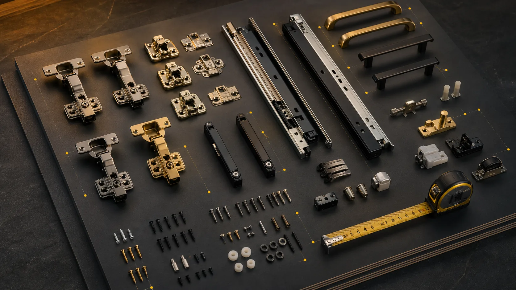 Organized cabinet hardware board with hinges, drawer slides, pulls, screws, shelf pins, and measurement markers.