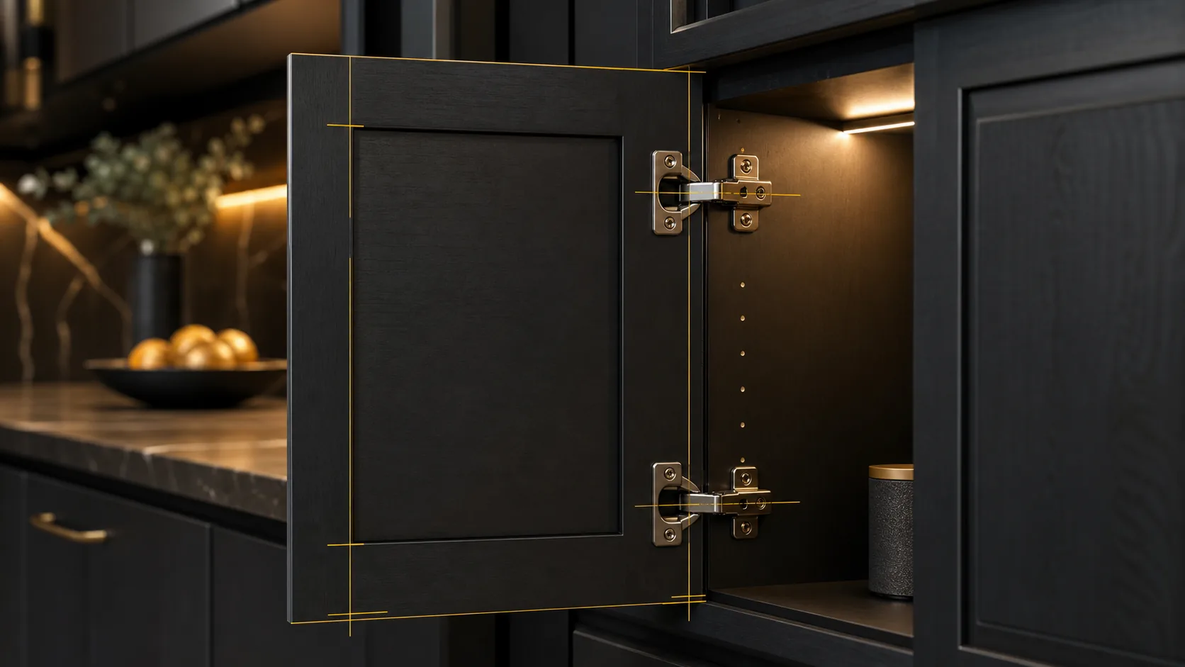Dark cabinet door opened to show hinge cups, mounting plates, reveal gaps, and yellow alignment guides.