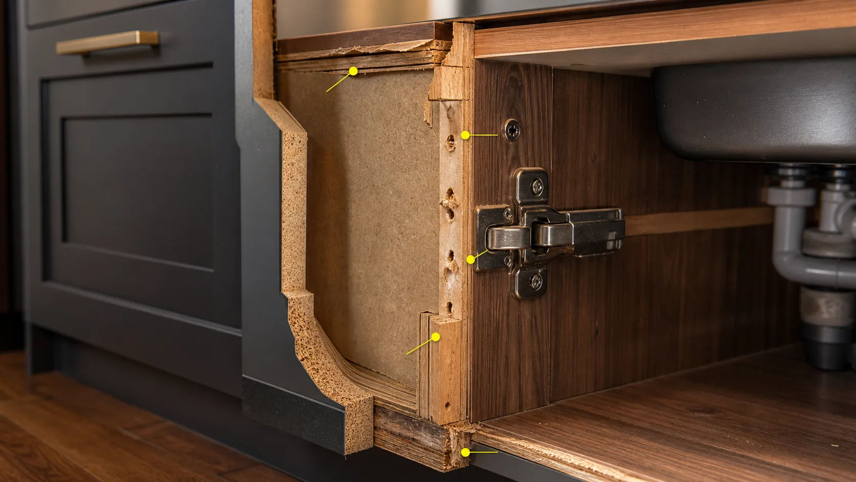Cabinet cutaway showing layered material, hinge mounting area, stripped holes, veneer lift, and slight swelling.