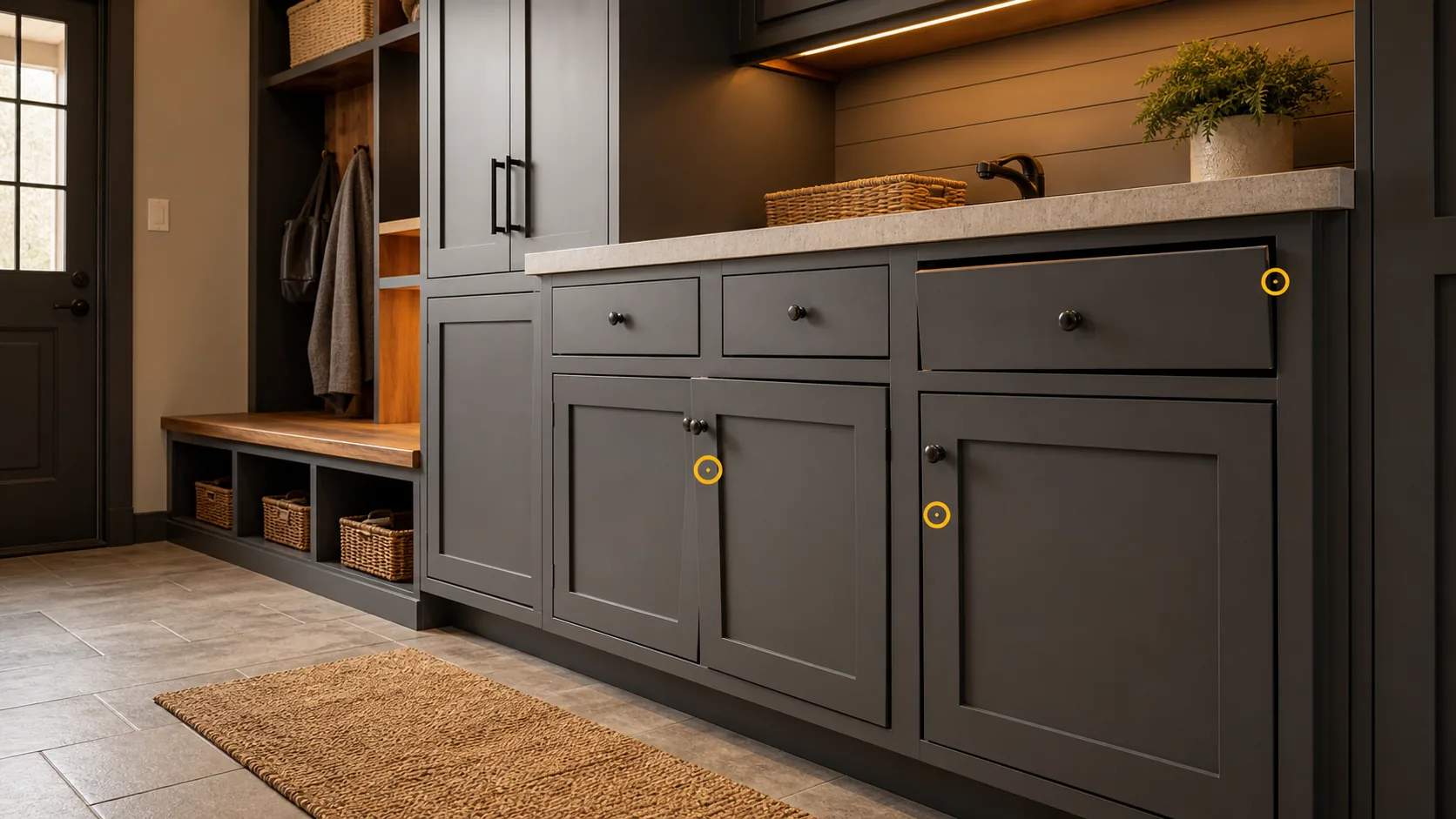 Premium mudroom cabinet run with uneven drawer face, sagging cabinet door, and marked hardware issues.