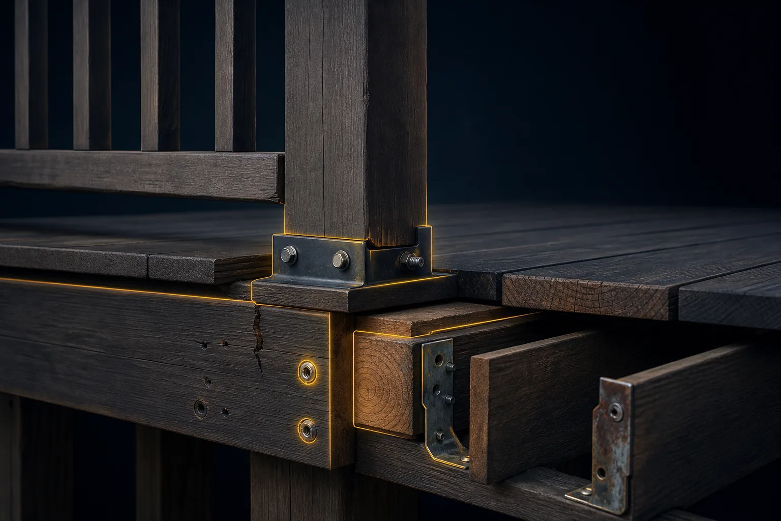 Technical cutaway of deck railing post, bolts, blocking, rim framing, joists, and inspection highlights.