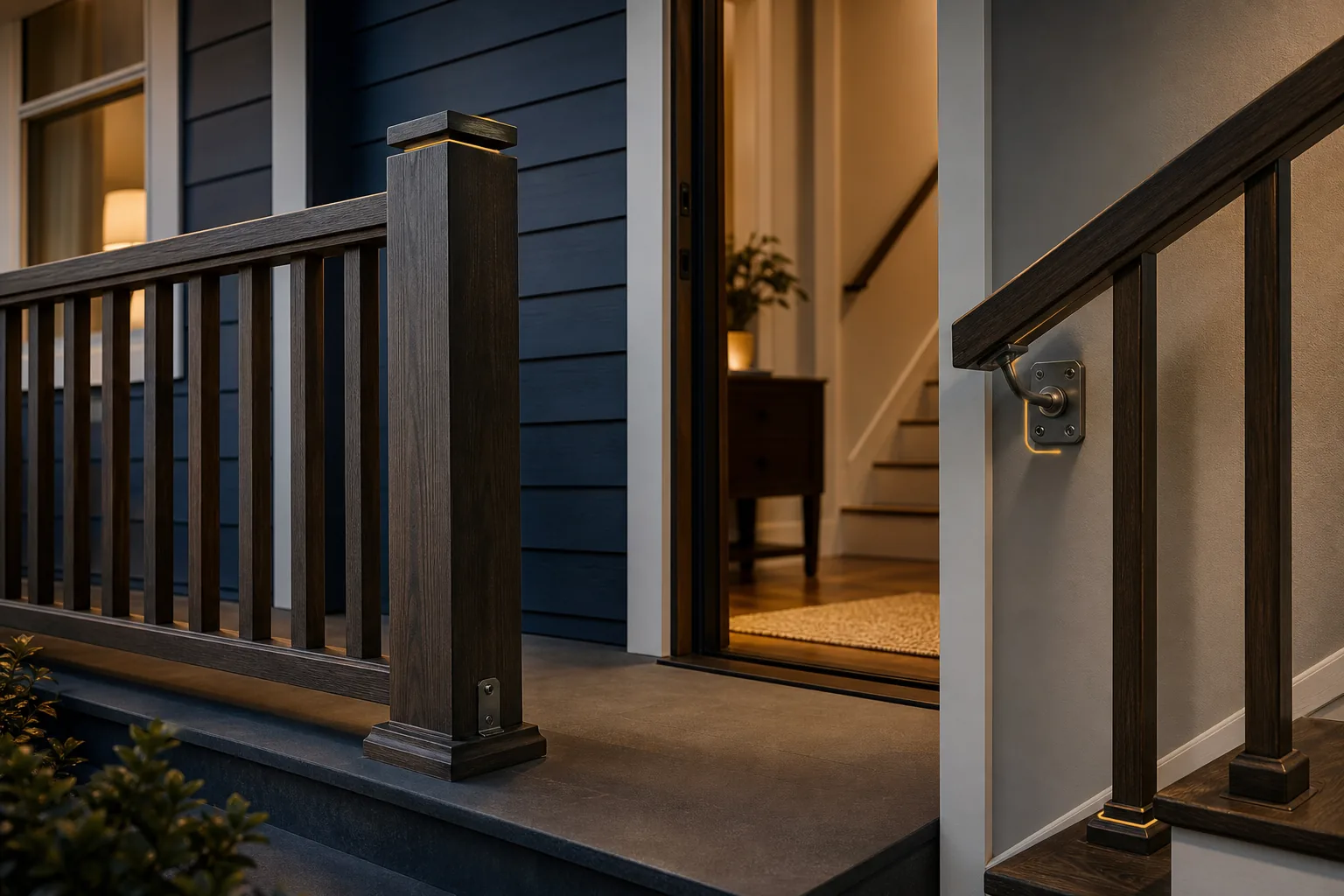Residential entry railing and interior handrail connection details with warm inspection lighting.